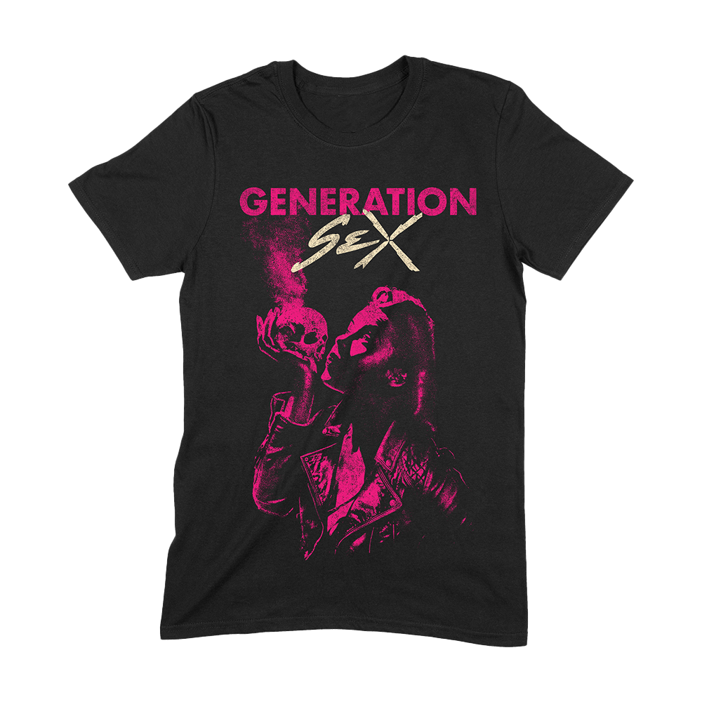 Official Generation Sex Merchandise. 100% black cotton t-shirt with a pink and tan Generation Sex logo and a pin up girl in a biker jacket holding a skull.