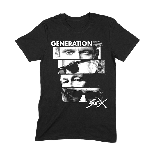 Official Generation Sex Merchandise. 100% black cotton t-shirt with photos of all the band members' eyes. The band members include Steve Jones and Paul Cook (Sex Pistols) and Billy Idol and Tony James (Generation X).