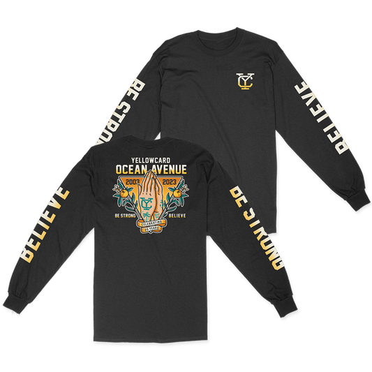 Official Yellowcard Merchandise. 100% cotton unisex long sleeve heavy weight t-shirt with a classic fit featuring believe design.