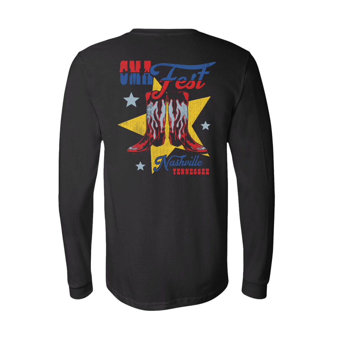 Official CMA Fest Merchandise. This black long sleeve shirt is 100% cotton and features the boots design printed on the back, with a CMA Fest star pocket logo on the front.
