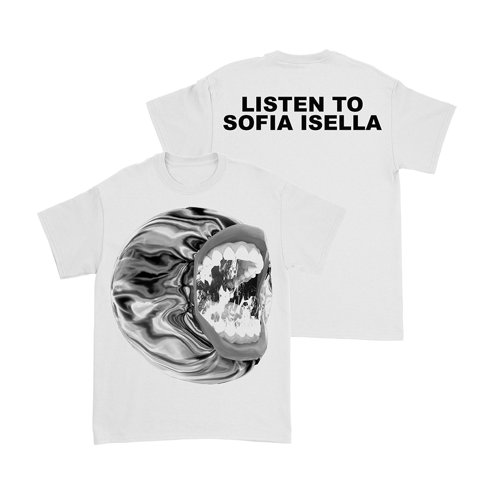 Official SOFIA ISELLA Merchandise. 100% white cotton, semi fitted t-shirt featuring the Hot Gum single art on the front and the words Listen to SOFIA ISELLA on the back.
