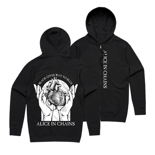 Official Alice in Chains Merchandise. 70% cotton / 30% polyester blend fleece black zip up hoodie with the Black Gives Way to Blue album art heart printed on the back.