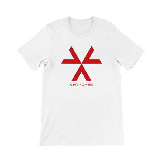 Official CHVRCHES Merchandise. 100% white cotton unisex t-shirt with a retail fit featuring The Bones of What You Believe triangle logo in red.