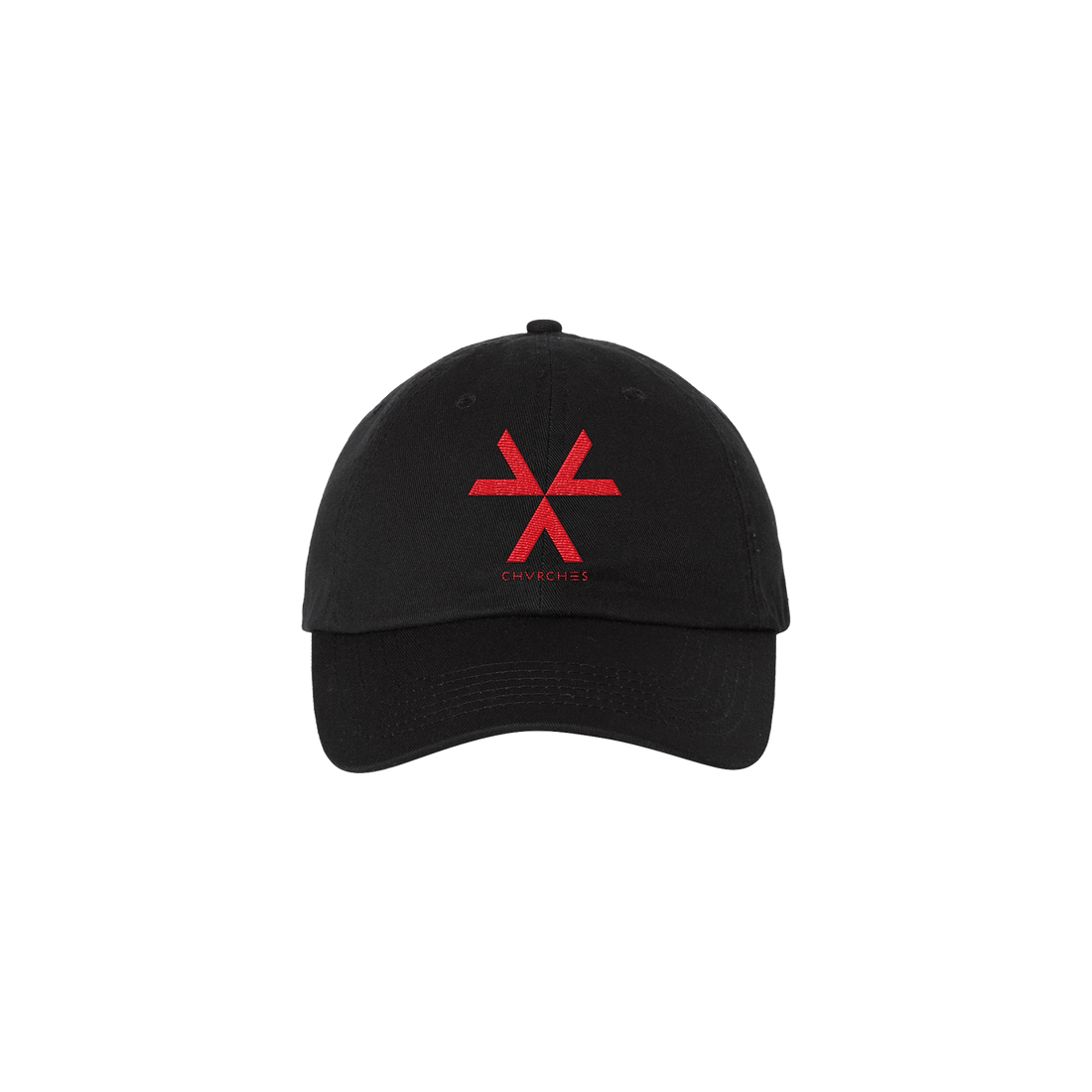 Official CHVRCHES Merchandise. Black low profile classic dad hat featuring The Bones of What You Believe album logo emboirdered in red on the front.