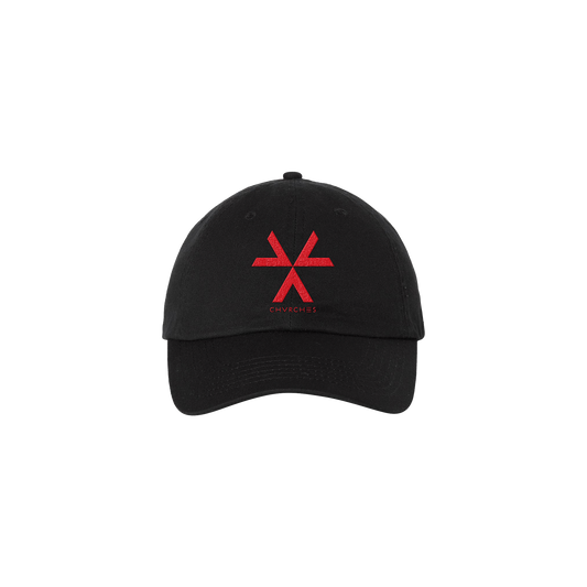 Official CHVRCHES Merchandise. Black low profile classic dad hat featuring The Bones of What You Believe album logo emboirdered in red on the front.