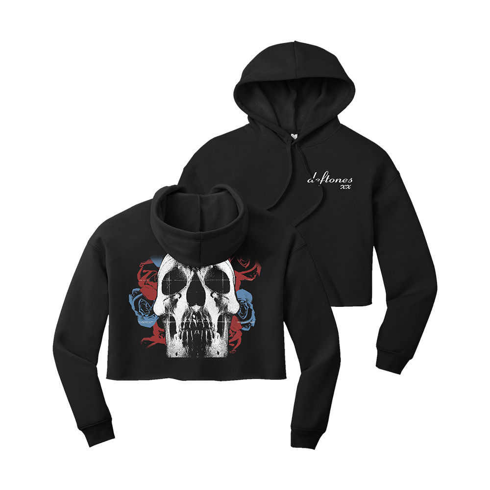 Official Deftones Merchandise. 100% black cotton women's crop hoodie with the Deftones self titled album art printed on the back and the Deftones logo with XX printed on the front left chest.