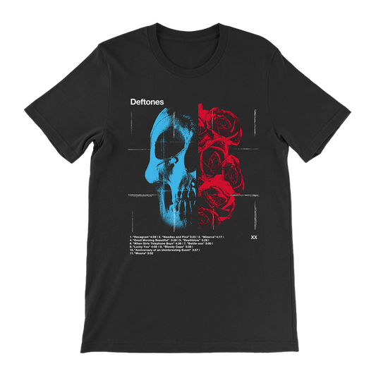 Deftones Official Merchandise. 100% ringspun cotton black t-shirt with a split red rose and blue skull printed on the front with the Deftones self titled album tracklist underneath.