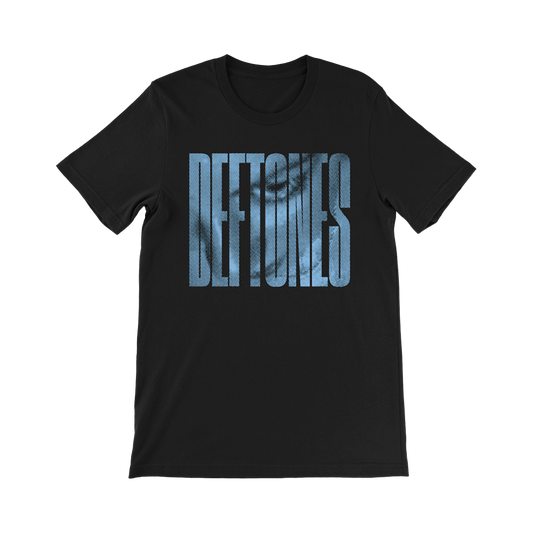 Official Deftones Merchandise. 100% black cotton t-shirt with a blue halftone Deftones logo printed on the front.