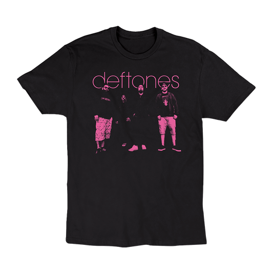 Official Deftones Merchandise. 100% black cotton t-shirt with a pick photo of the band.