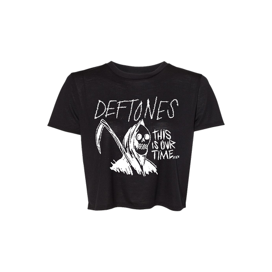 Official Deftones Merchandise. 100% black cotton womens crop t-shirt with the Deftones reaper sketch and logo printed on the front in white.