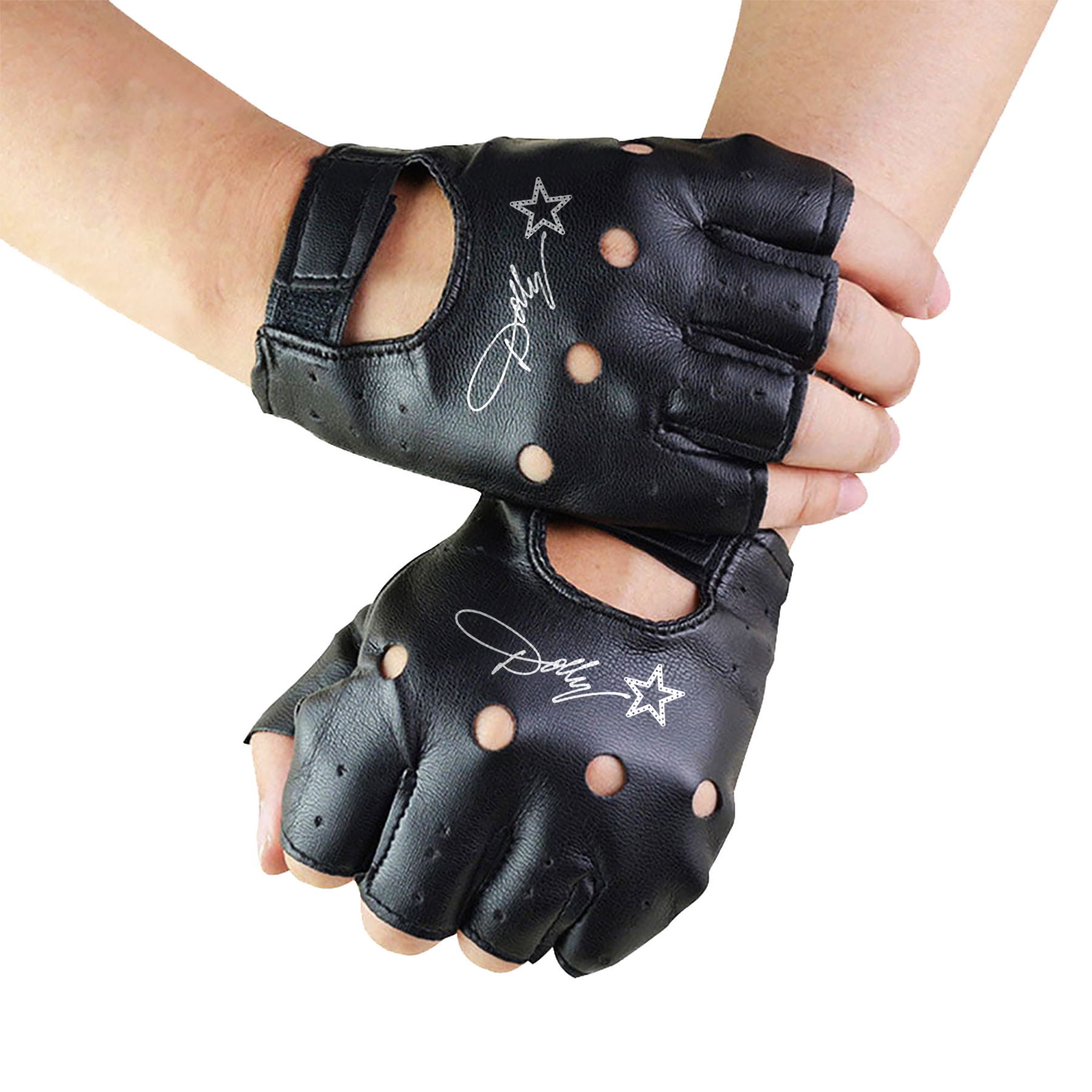 Official Dolly Parton Merchandise. PU leather fingerless gloves featuring the Dolly Parton Rockstar logo. Finish off your rocker look with this iconic gloves.