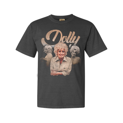 Official Dolly Parton Merchandise. Premium 100% grey cotton unisex t-shirt with a collage of vintage Dolly Parton head shots and the Dolly logo.