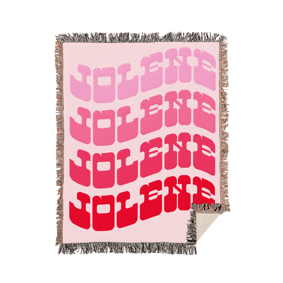 Dolly Parton Official Merchandise. 54” x 60” 90% polyester, 10% cotton tapestry weave throw blanket with the song title Jolene repeated in different colors of pink.