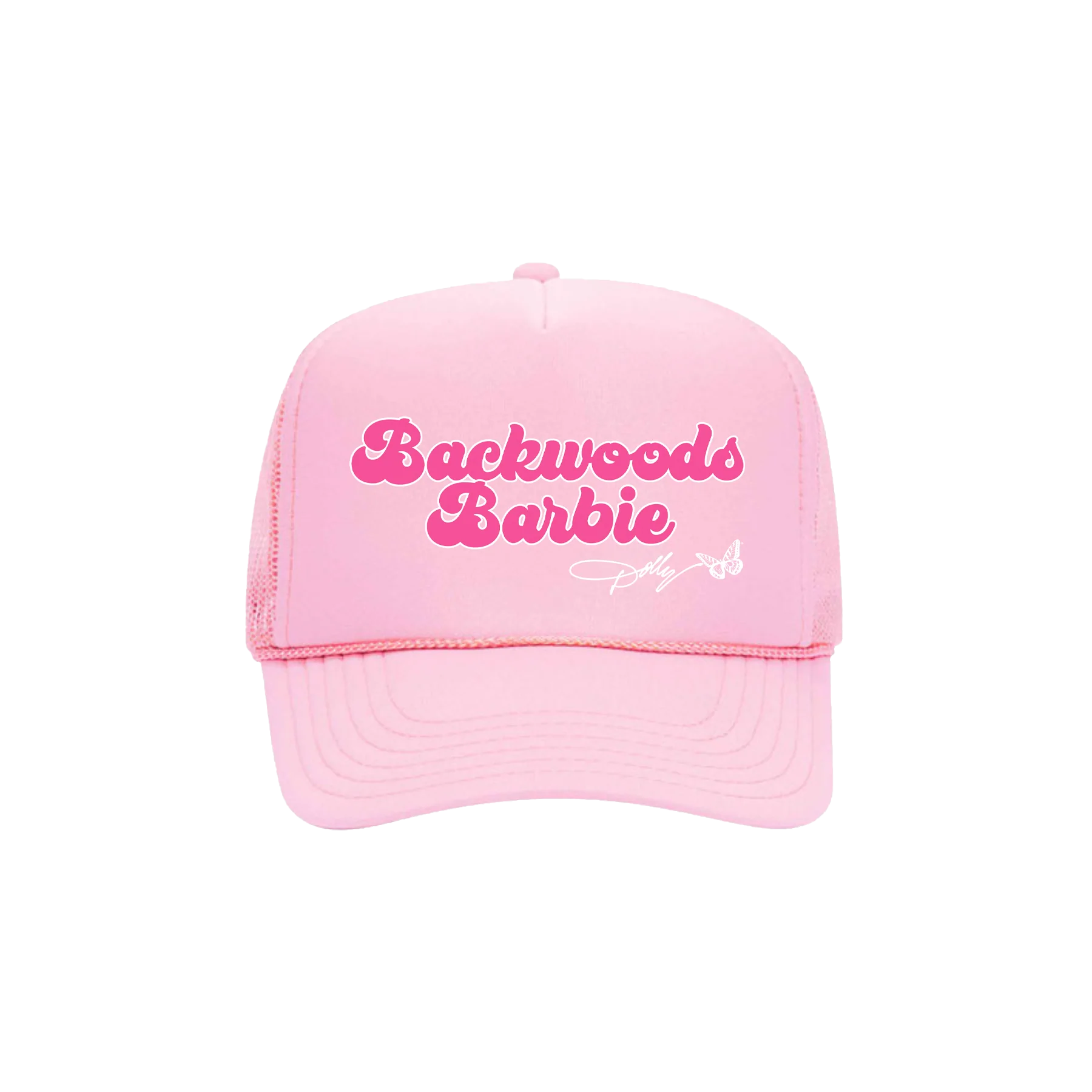 Official Dolly Parton Merchandise. 100% polyester pink trucker hat with mesh back and plastic adjustable snap. Backwoods Barbies and the iconic Dolly Parton butterfly logo printed on the front in dark pink.
