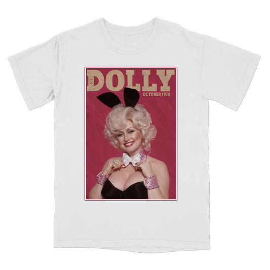 Official Dolly Parton Merchandise. 100% white cotton t-shirt with the original Dolly Parton 1978 Playboy magazine cover printed on the front.