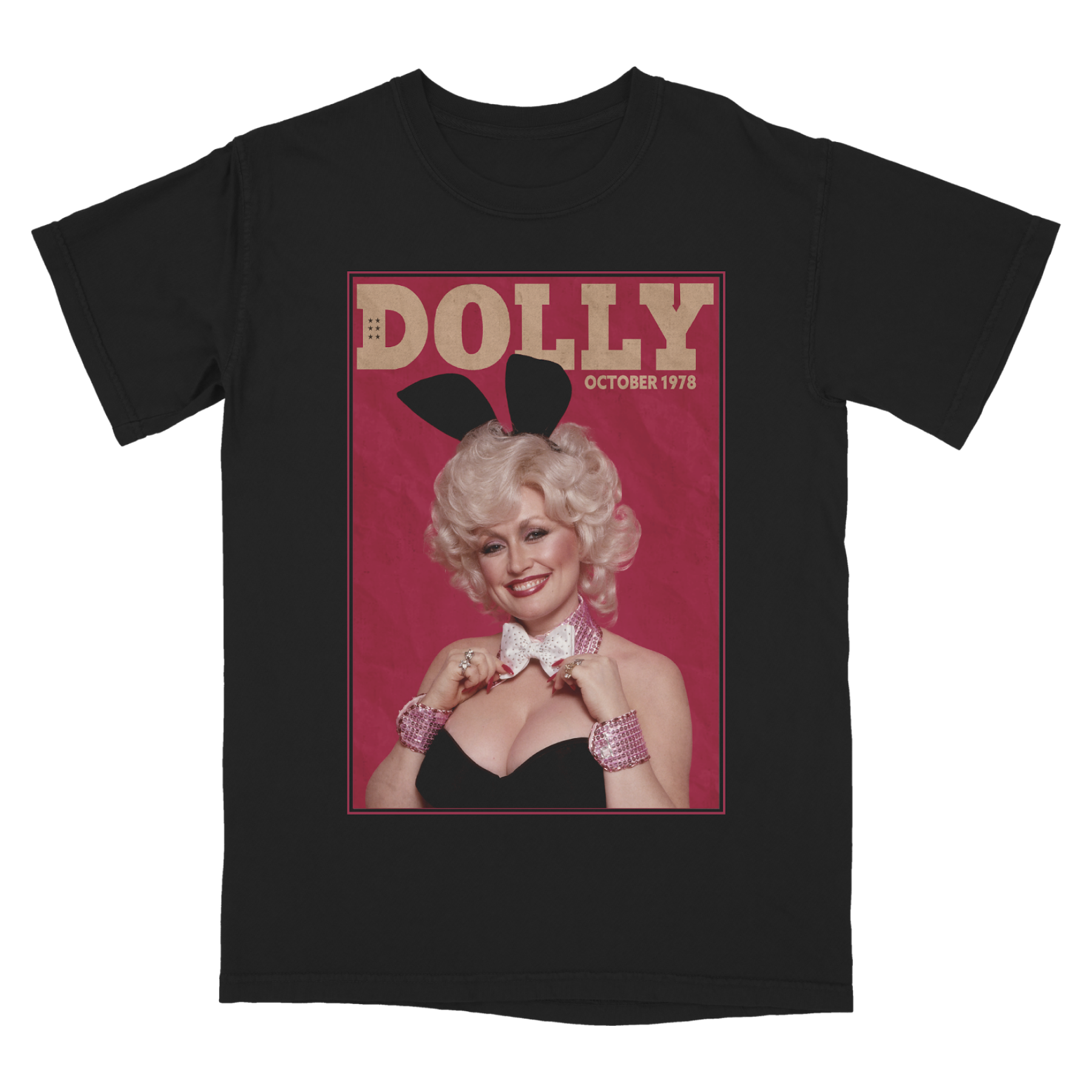 Official Dolly Parton Merchandise. 100% black cotton t-shirt with the original Dolly Parton 1978 Playboy magazine cover printed on the front.