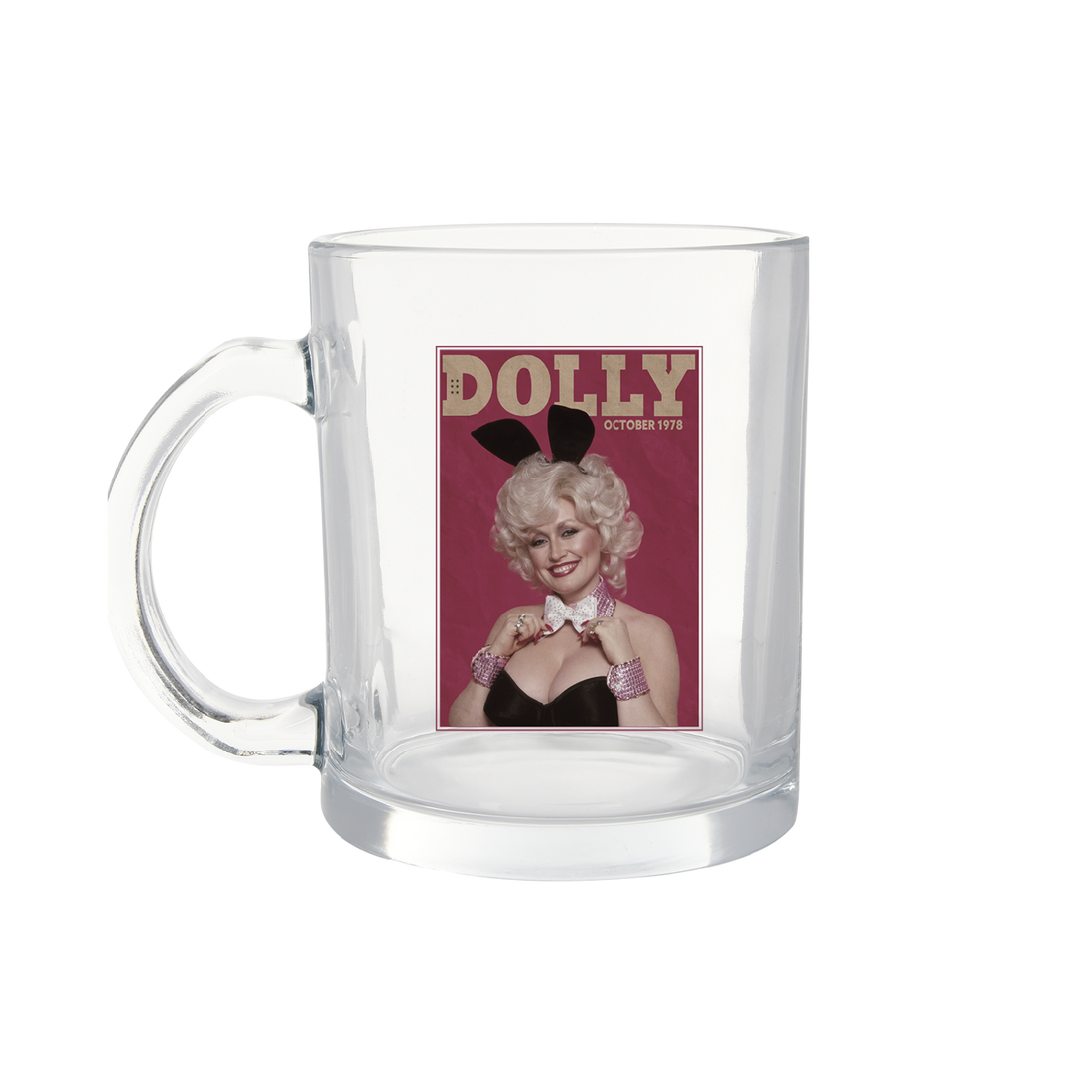 Official Dolly Parton Merchandise. Dolly Parton Bunny 1978 Playboy cover Image clear glass mug with the iconic magazine cover printed on one side.