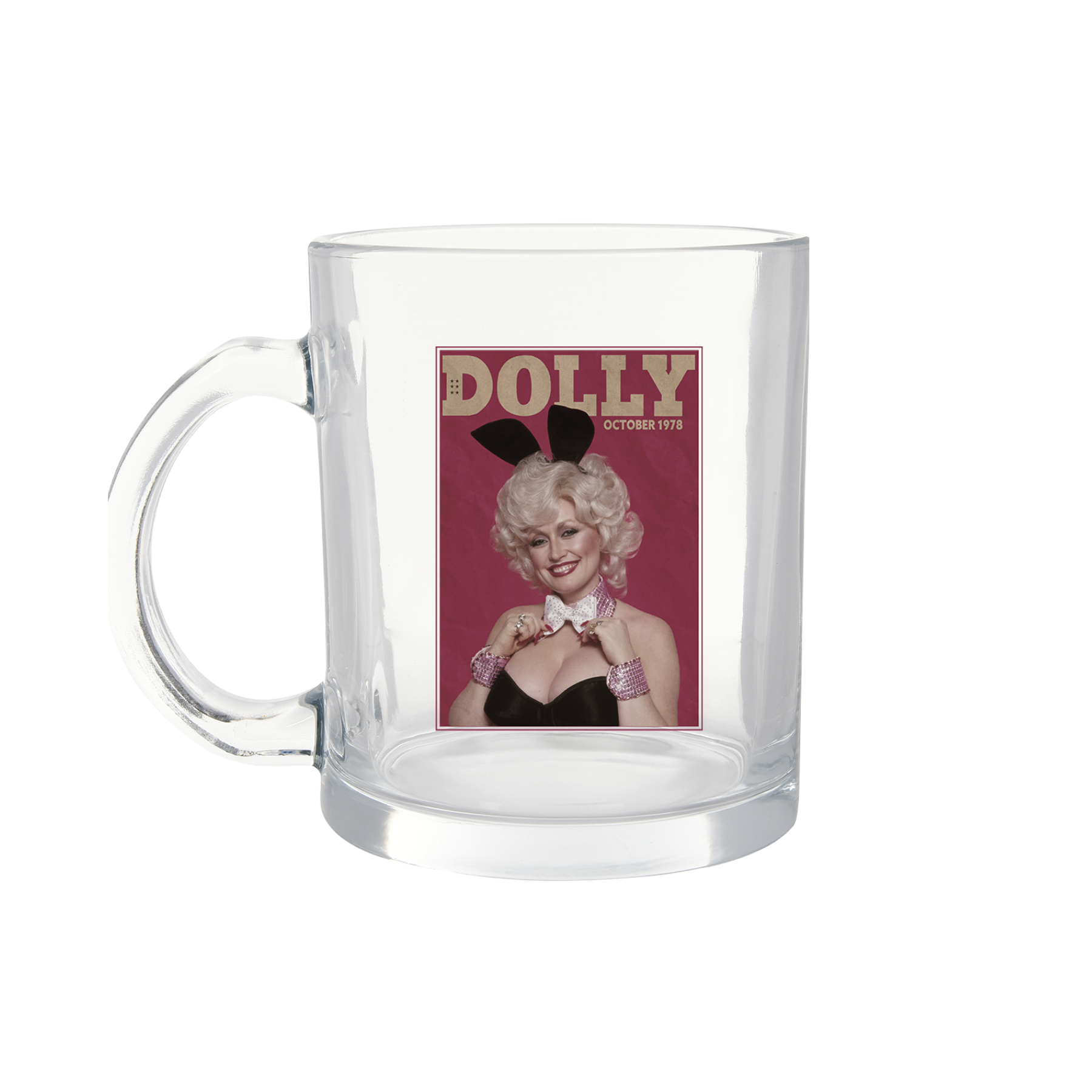 Official Dolly Parton Merchandise. Dolly Parton Bunny 1978 Playboy cover Image clear glass mug with the iconic magazine cover printed on one side.