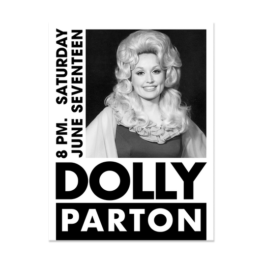 Dolly Parton 18" x 24" black and white show poster with a matte finish. 