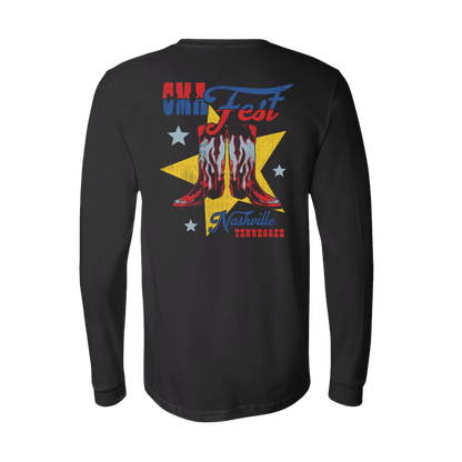 Official CMA Fest Merchandise. This black long sleeve shirt is 100% cotton and features the boots design printed on the back, with a CMA Fest star pocket logo on the front. 