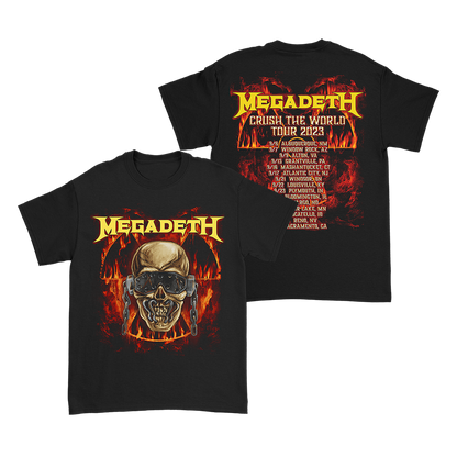 Official Megadeth Merchandise. 100% black cotton t-shirt featuring Vic's head in flames on the front and the USA fall 2023 tour dates on the back.