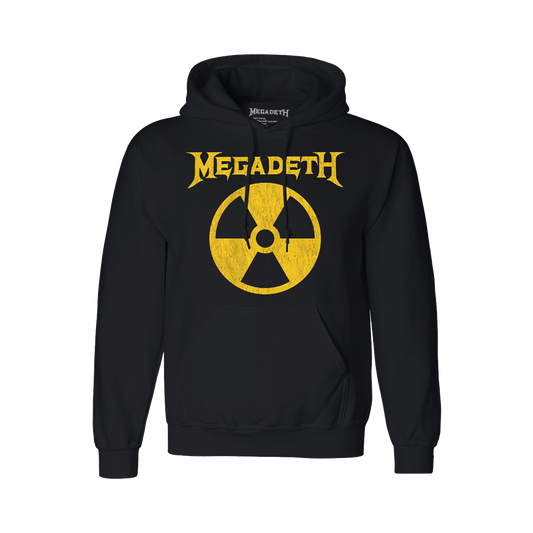 Official Megadeth Merchandise. 100% cotton unisex pullover hoodie with a 80% cotton / 20% polyester blended lining. This black pullover hoodie features the yellow Megadeth nuclear symbol logo printed on the front.uctions: Wash with like colors and in cold water. Hang dry recommended.