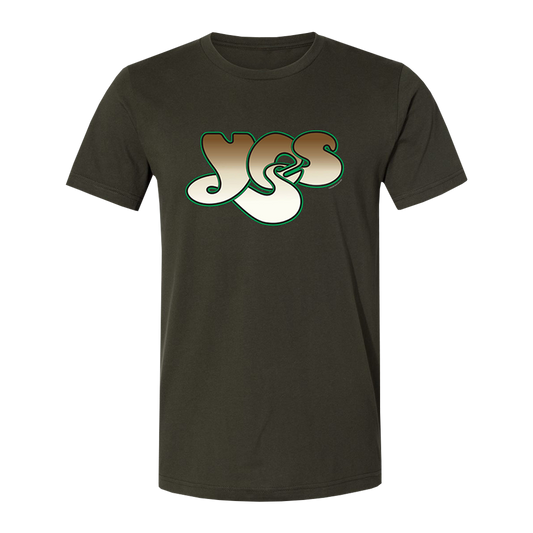 YES Brown and Tan logo olive t-shirt printed on Bella + Canvas