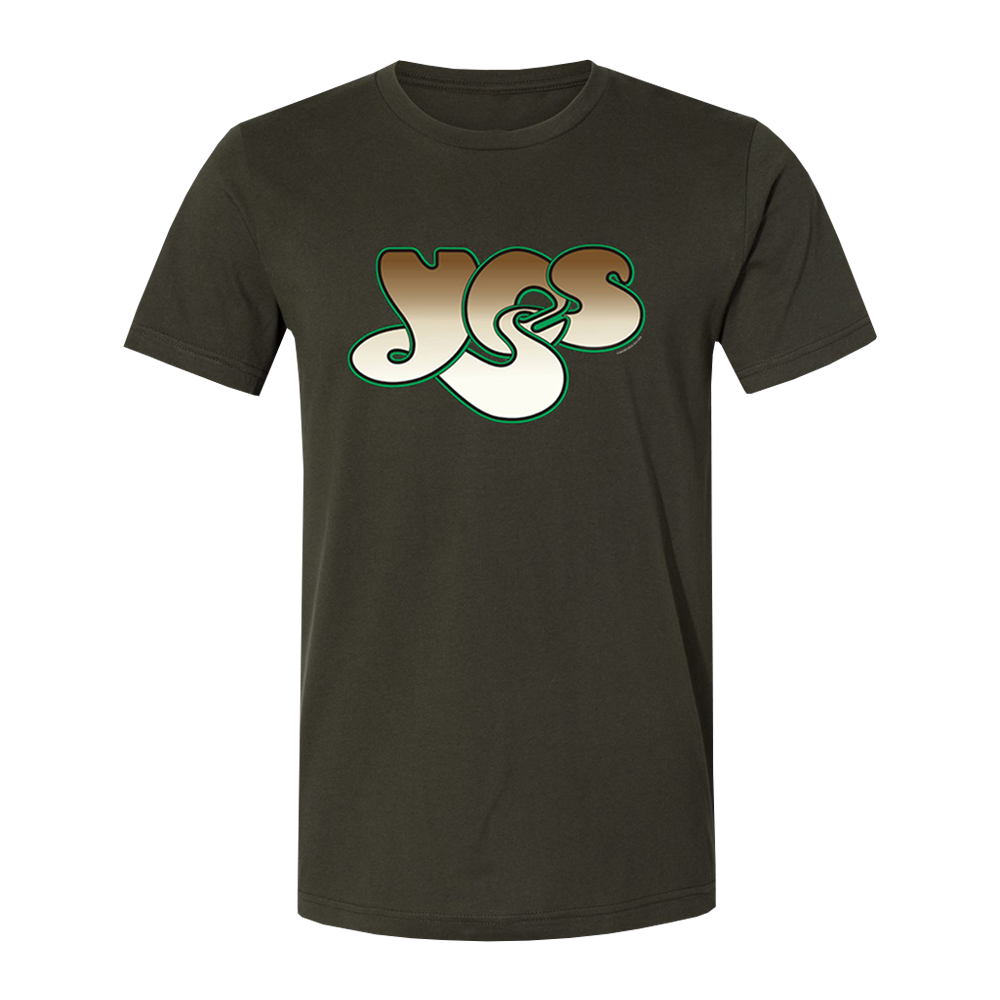 YES Brown and Tan logo olive t-shirt printed on Bella + Canvas