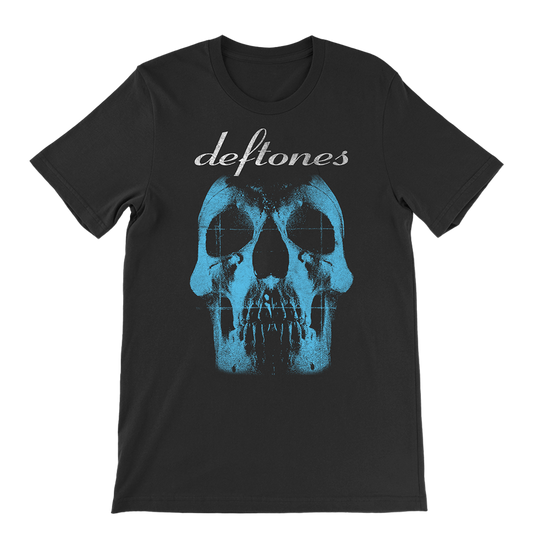Official Deftones Merchandise. 100% black cotton unisex t-shirt with the album skull art printed on the front in blue and the white script Deftones logo on the crown of the skull.