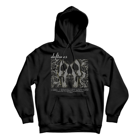 Deftones Official Merchandise • 100% cotton black hoodie with grey skull tracklist design and the white script Deftones logo at the top.