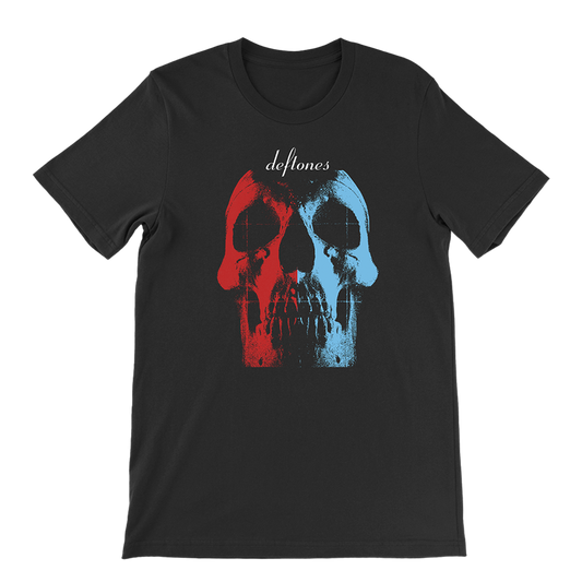 Official Deftones Merchandise. 100% black cotton unisex t-shirt with the self titled album skull on the front with one half red and one half blue. White script Deftones logo at the crown of the skull.