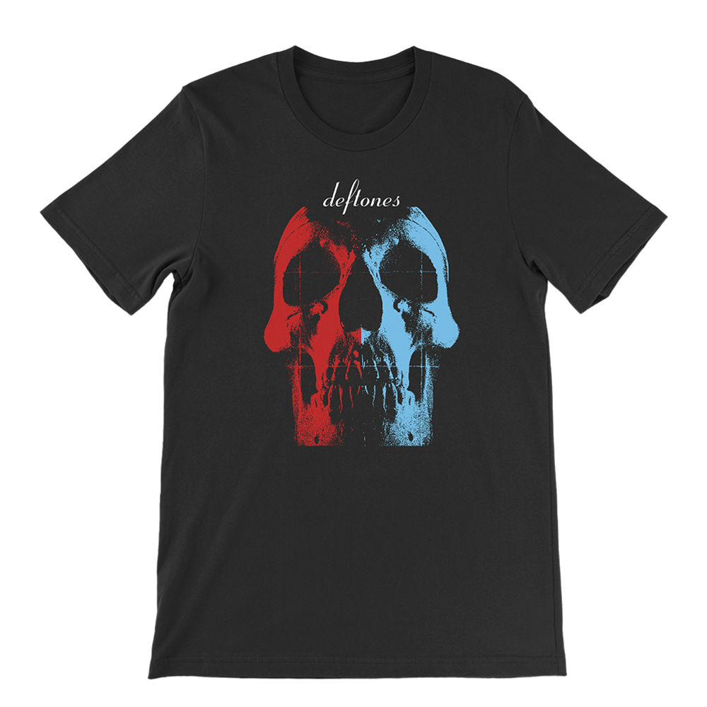 Official Deftones Merchandise. 100% black cotton unisex t-shirt with the self titled album skull on the front with one half red and one half blue. White script Deftones logo at the crown of the skull.