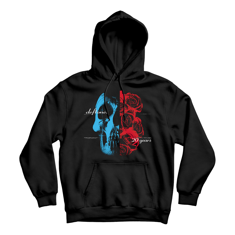 Official Deftones Merchandise. 100% black cotton unisex hoodie with the Deftones self titled album skull on the front with red roses. Deftones script logo and 20 Years printed in white to commemorate the 20th anniversary of the self titled album.